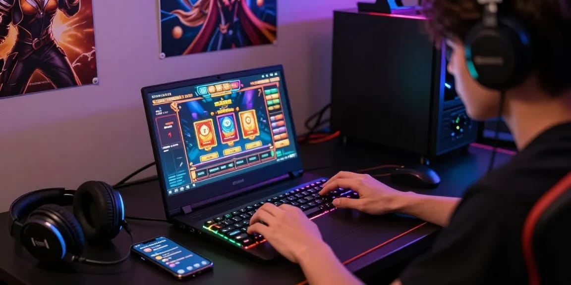 Player engaged in an online slot game with exciting สล็อตรับโปรโมชั่น offers in a cozy gaming room, illuminated by vibrant LED lights.