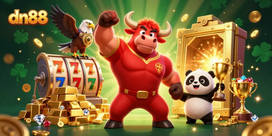 Experience dn88's vibrant casino world with a dynamic illustration featuring a triumphant bull mascot and festive gaming elements.