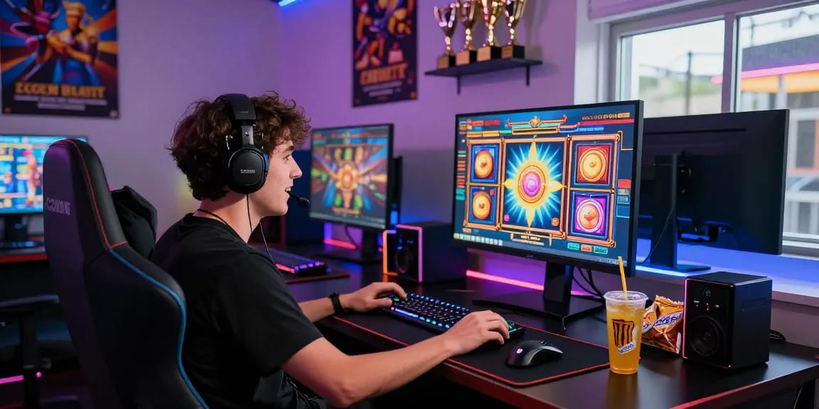 Exciting gaming scene featuring a player at a slot machine, update terbaru wd138 evident in colorful graphics and engaging atmosphere.