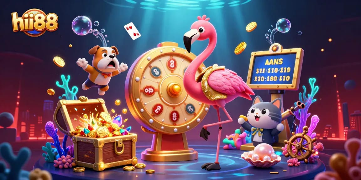 Win big with hii88 in this vibrant, animated casino scene featuring exciting game elements.
