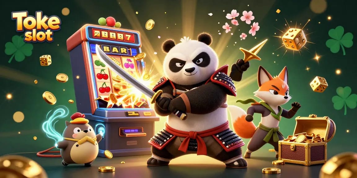 Engage with Toke slot in this vibrant 3D illustrated scene featuring winning symbols and dynamic characters.