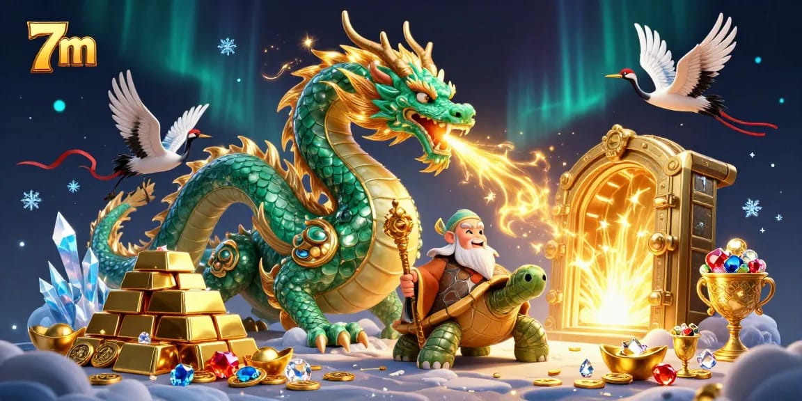 Experience thrilling wins with 7m, featuring vibrant dragon and lucky elements in a bustling casino scene.