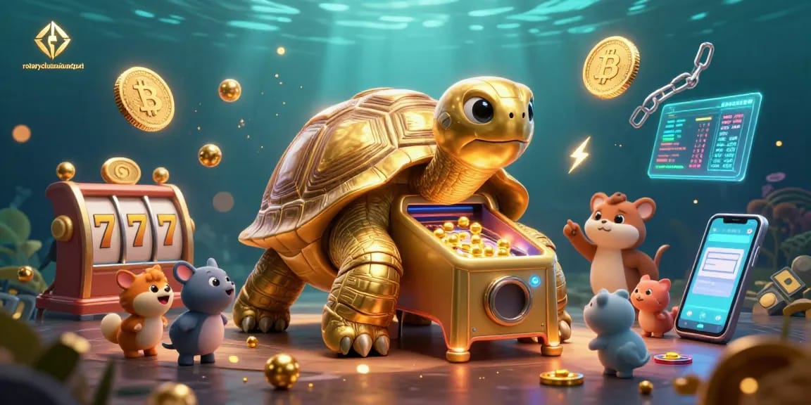 Spin to win with rotaryclubmiamiairport in this vibrant 3D casino scene filled with playful elements.