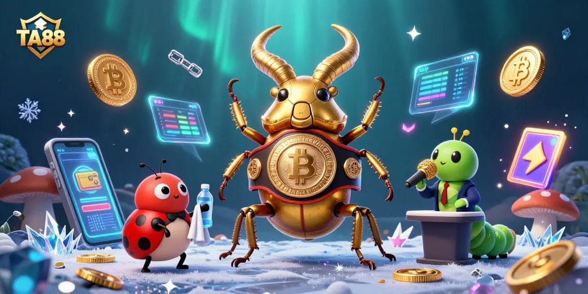 Engage in thrilling TA88 casino action with a vibrant 3D illustration featuring unique characters and crypto elements.