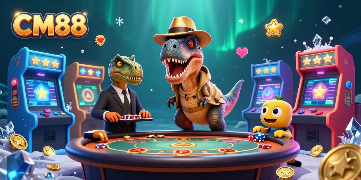 Experience thrilling gameplay at CM88 with a velociraptor card counter and vibrant casino elements.