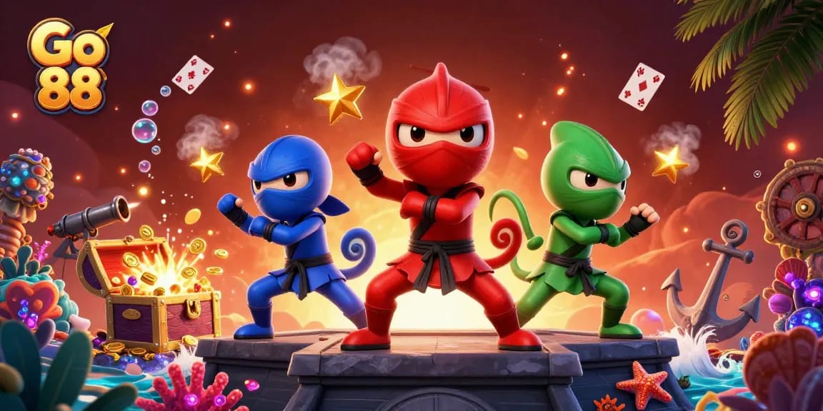 Dive into Go 88 action with a chameleon ninjas scene enriched by vibrant casino elements.