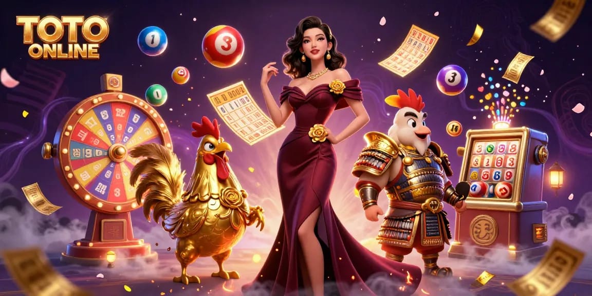 Play and win big with TOTO ONLINE, featuring vibrant lottery elements and characters in a dynamic scene.