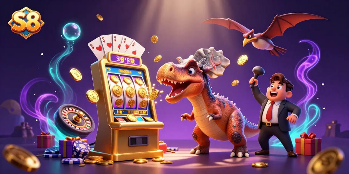 S8 casino excitement with a pachycephalosaurus winning jackpot coins from a golden slot machine amid a chaotic casino scene.