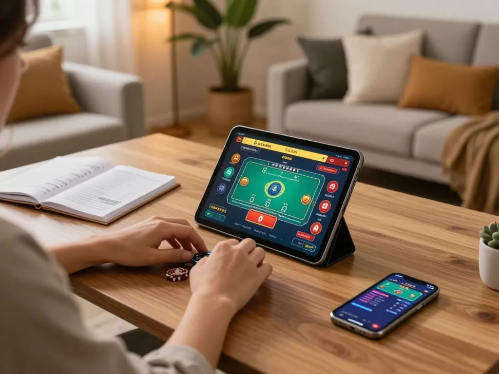 Engaging in strategic online gaming at ai88bet with a tablet and notes in a cozy home setting.