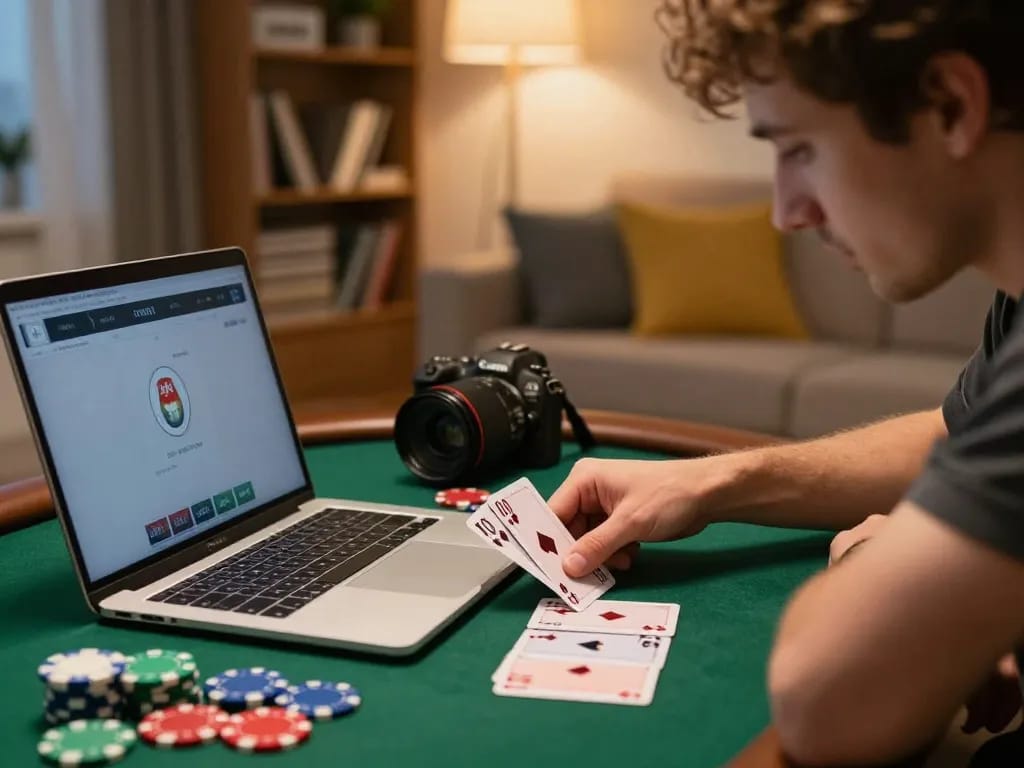 Player winning with Pragmaticplay poker hand in cozy online gaming setting