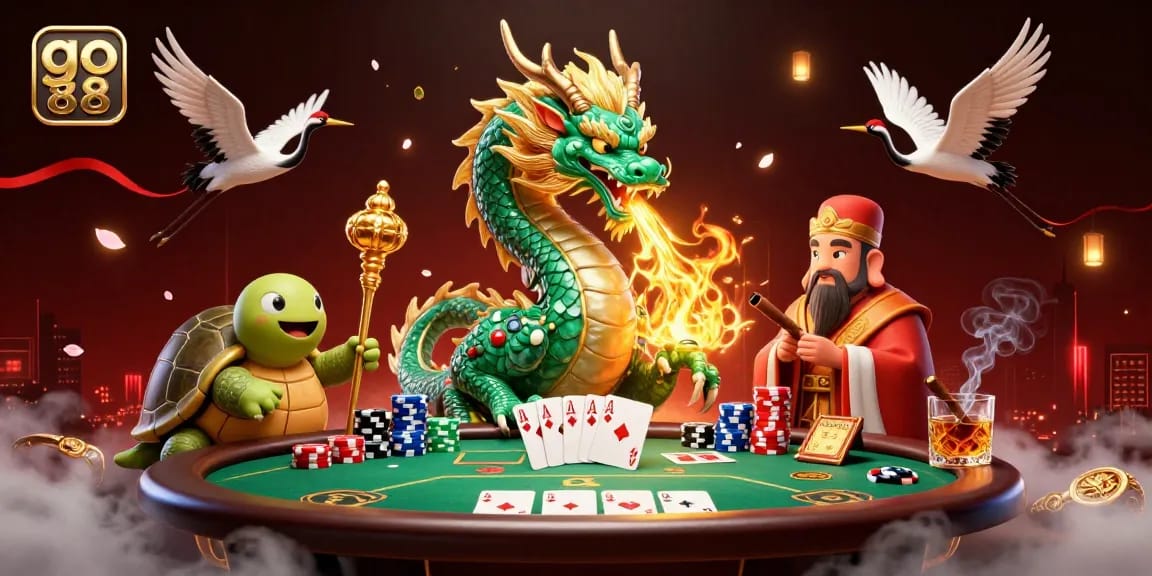 Engage with the exciting world of go 88 in this vibrant 3D casino scene featuring a jade dragon and poker elements.