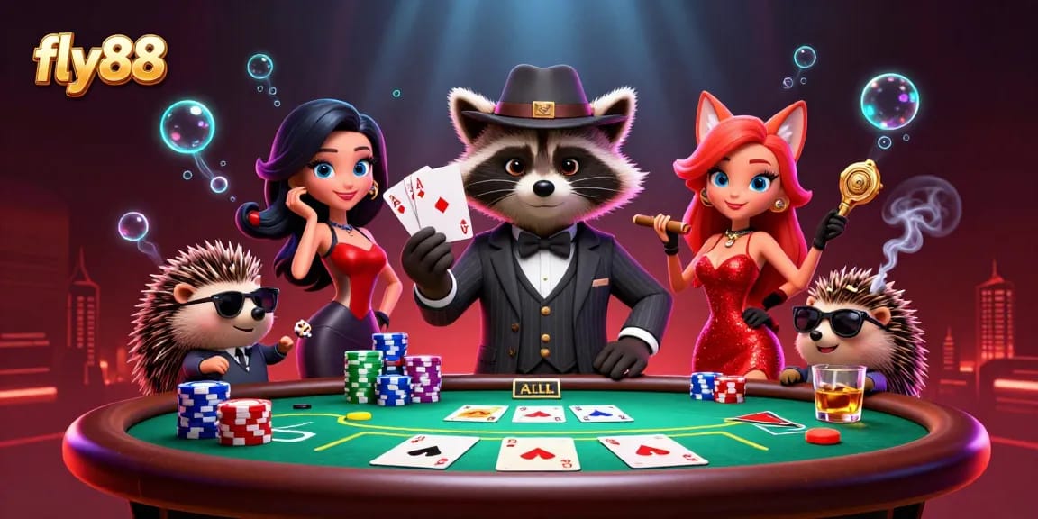 Experience the thrill of poker at fly88 with a raccoon, fox, and hedgehog in a dazzling casino scene.