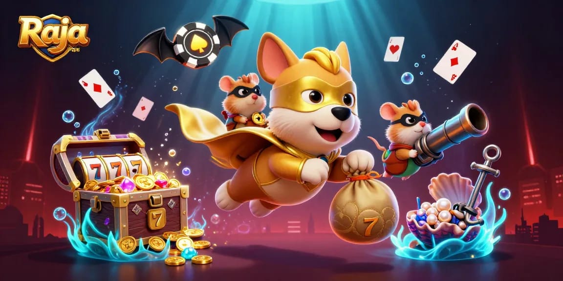 Raja game login illustration featuring a superhero dog flying with coins amidst slot elements and colorful underwater gems.