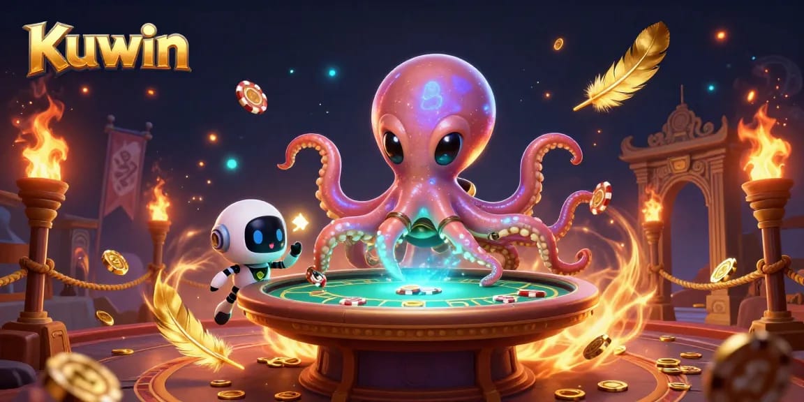 Kuwin showcases an alien octopus at a holographic poker table, swirling ember particles enhancing the gaming atmosphere.