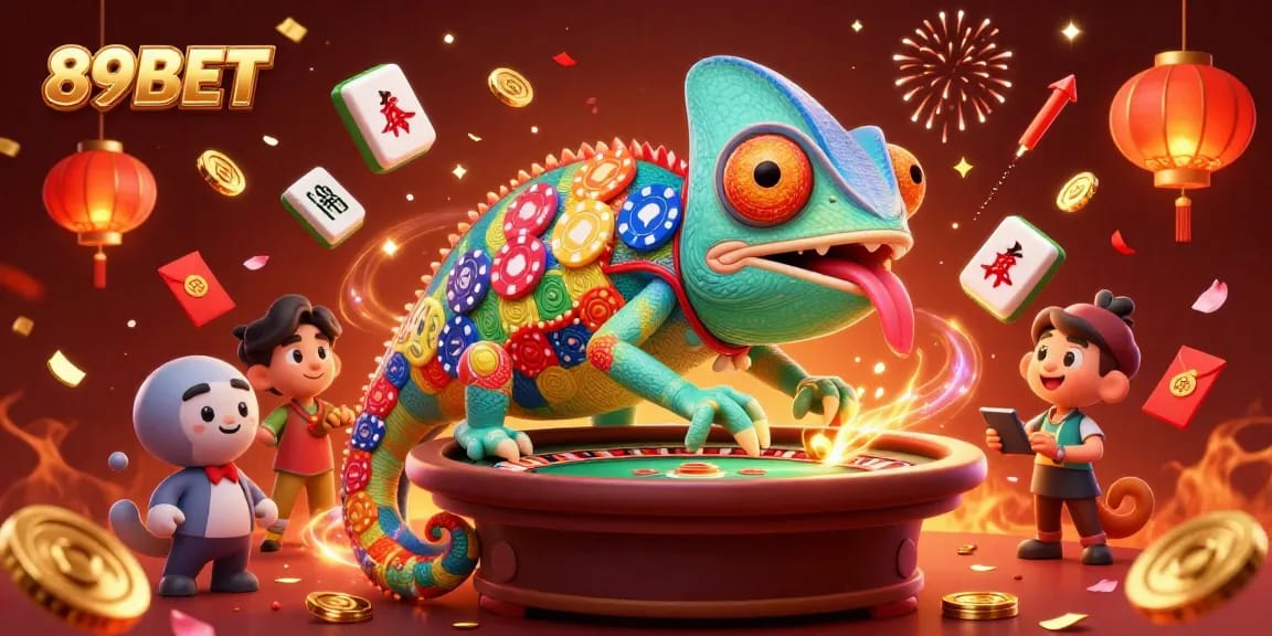 Experience thrilling gameplay at 89BET with colorful chameleon casino scenes filled with festive gaming elements.