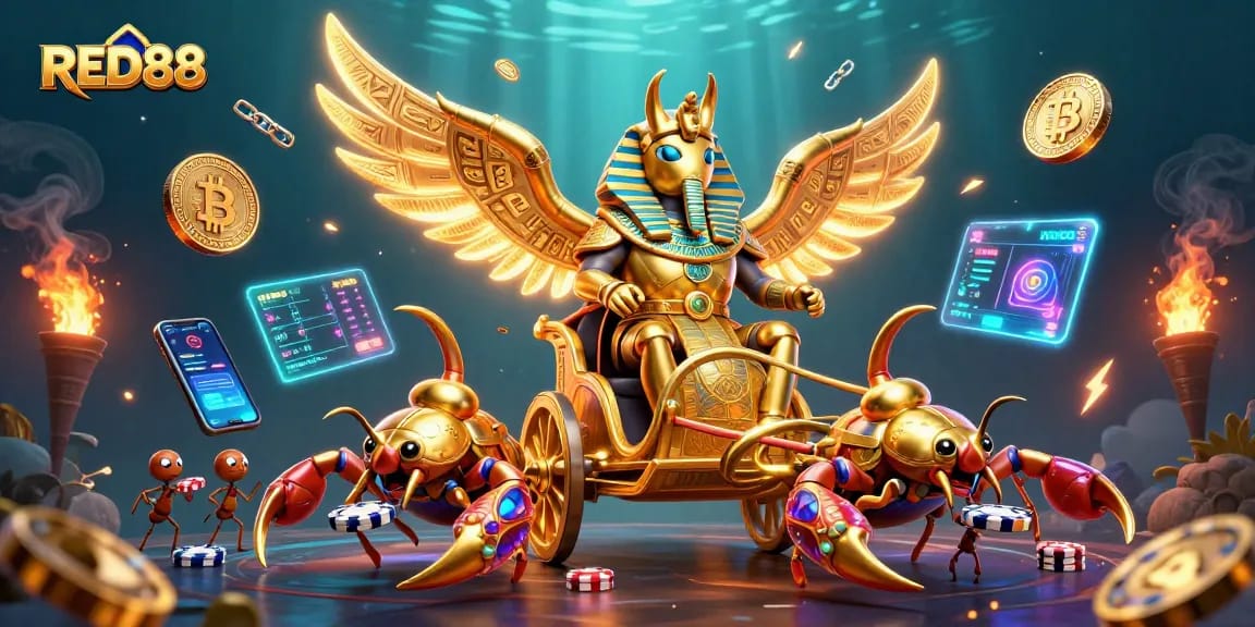 Discover the excitement of RED88 with vibrant characters and crypto elements in this captivating casino scene.