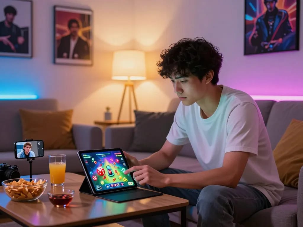 Exciting app tài xỉu online uy tín gaming scene with a player engaging on a tablet in a modern living room.