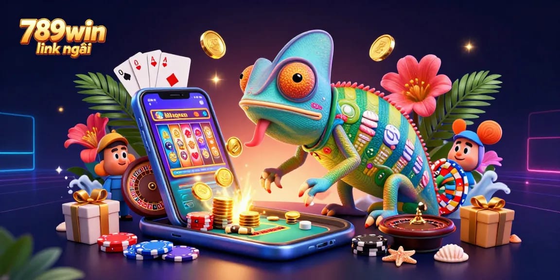 Experience exciting gaming moments with 789win link mới, featuring a vibrant chameleon casino owner surrounded by slot games and poker elements.