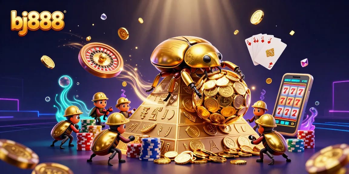 Win big at bj888's golden casino, featuring beetles rolling coins and dynamic games!