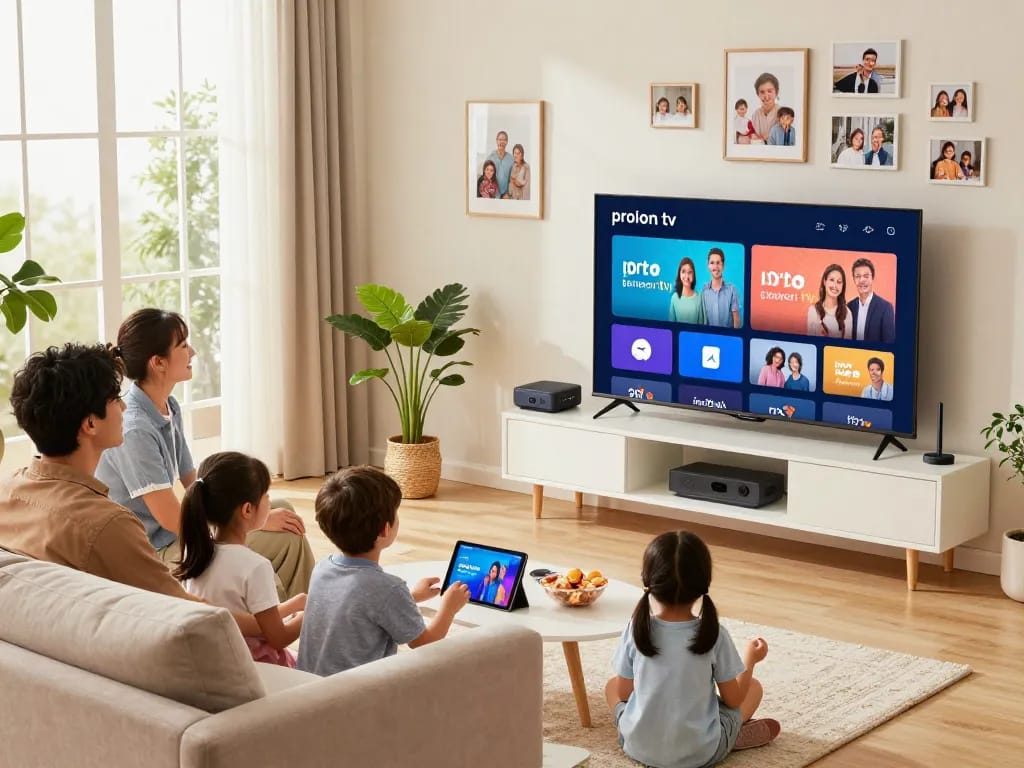 Une famille profitant d'une soirée cinéma avec un abonnement proIron tv dans un salon confortable.