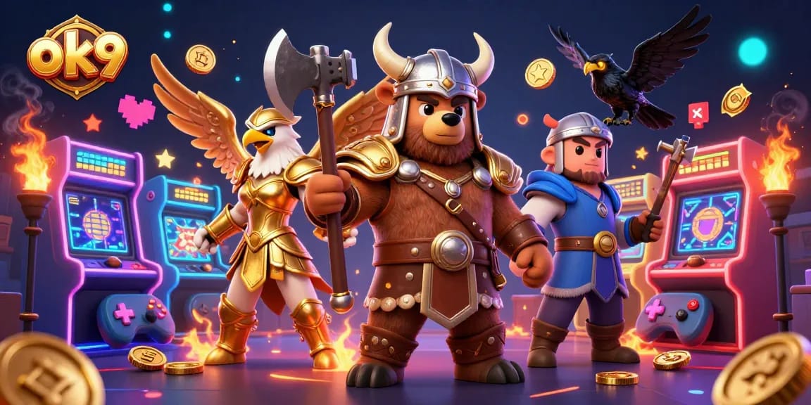 Win big with ok9 at the vibrant online casino, featuring a dynamic Viking scene.