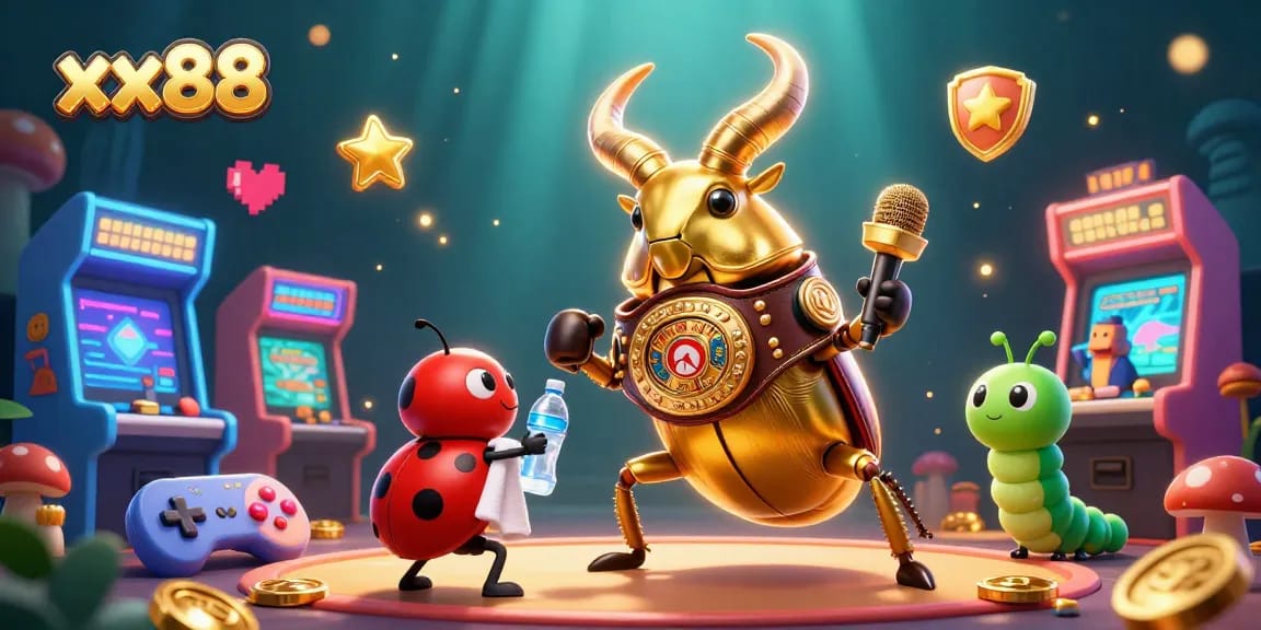 Experience xx88's thrilling adventure with a golden stag beetle champion in a vibrant casino world.
