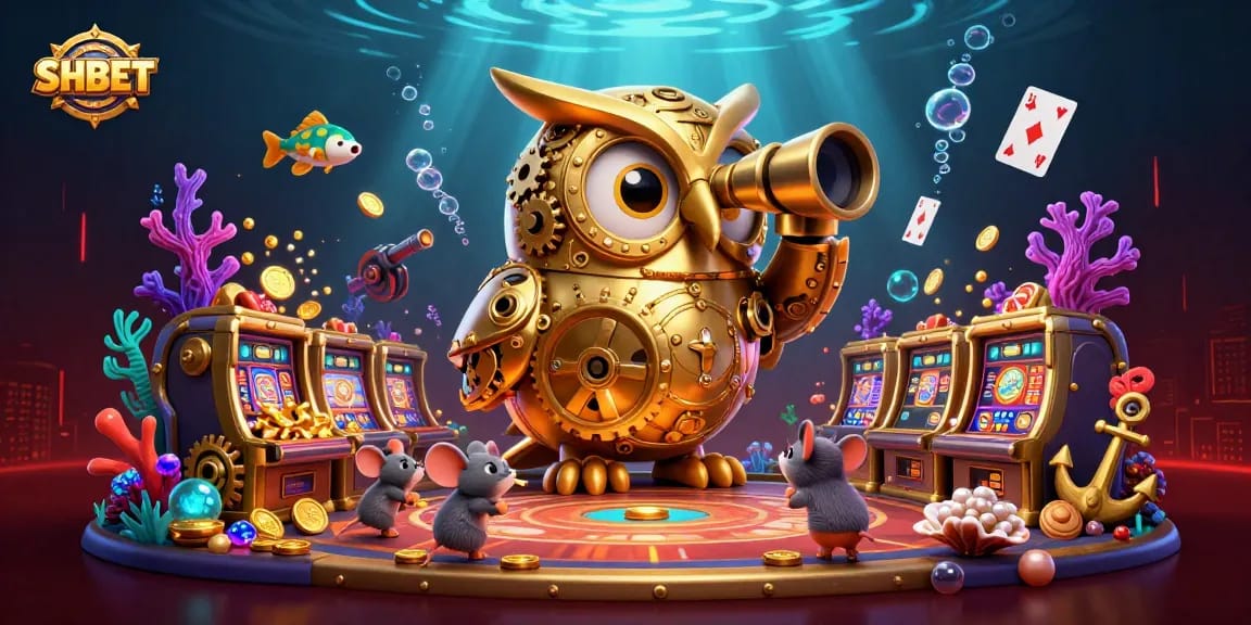 Experience the excitement at SHBET with a vibrant 3D casino scene featuring a golden owl and gold explosions.