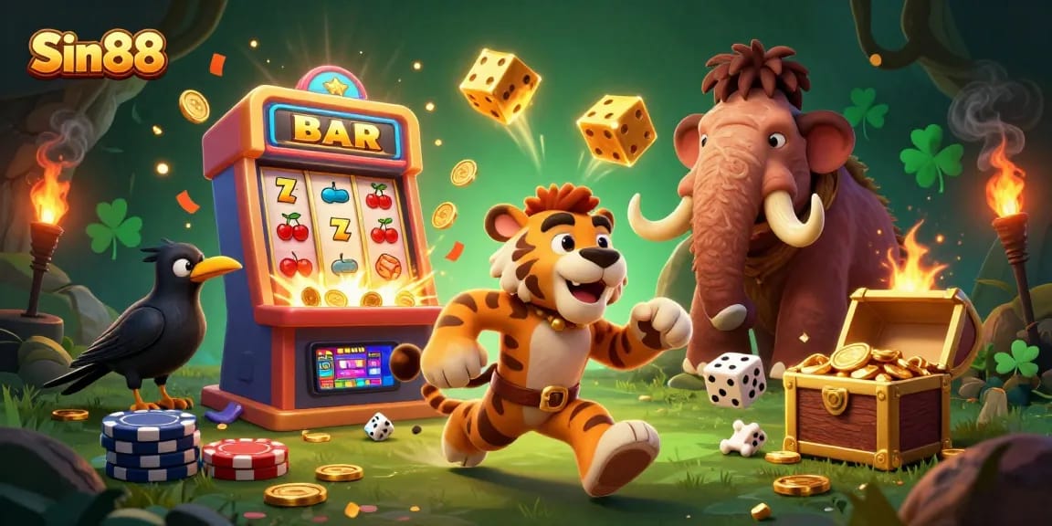 Experience thrilling gameplay at Sin88 with a colorful 3D casino scene bursting with vibrant action and opportunities.