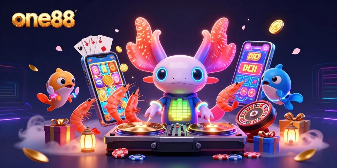 Experience the excitement of one88 with a vibrant neon casino scene featuring an axolotl DJ and dynamic gaming elements.