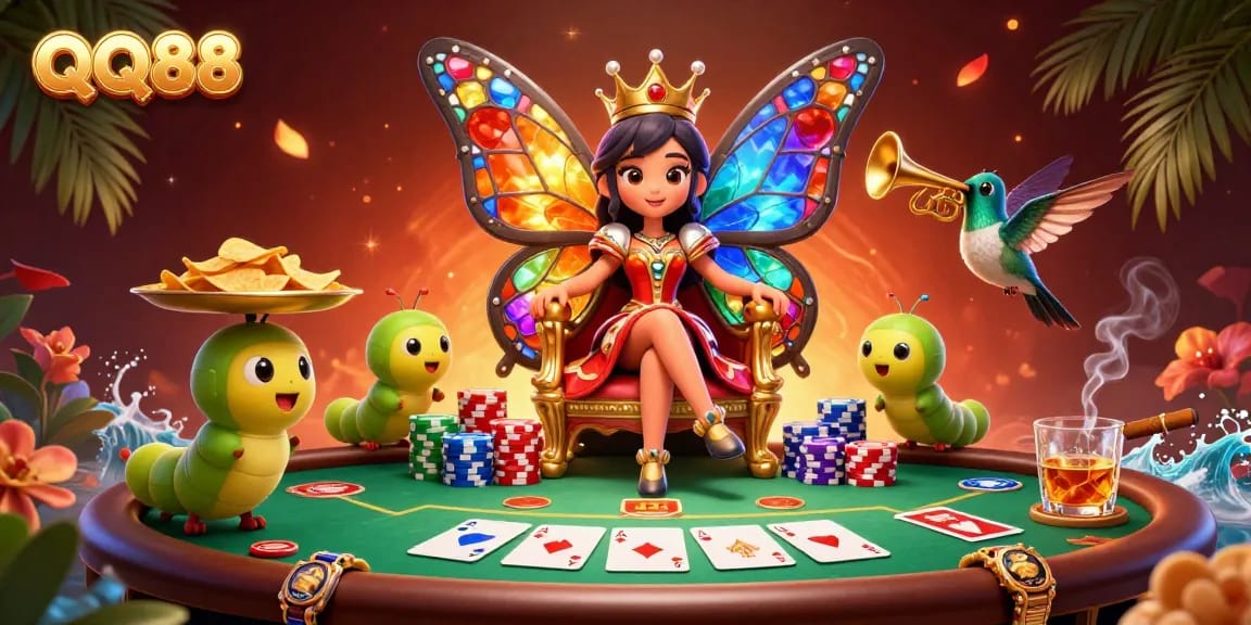Experience the excitement of QQ88 with a vibrant casino scene featuring poker elements and lively characters.