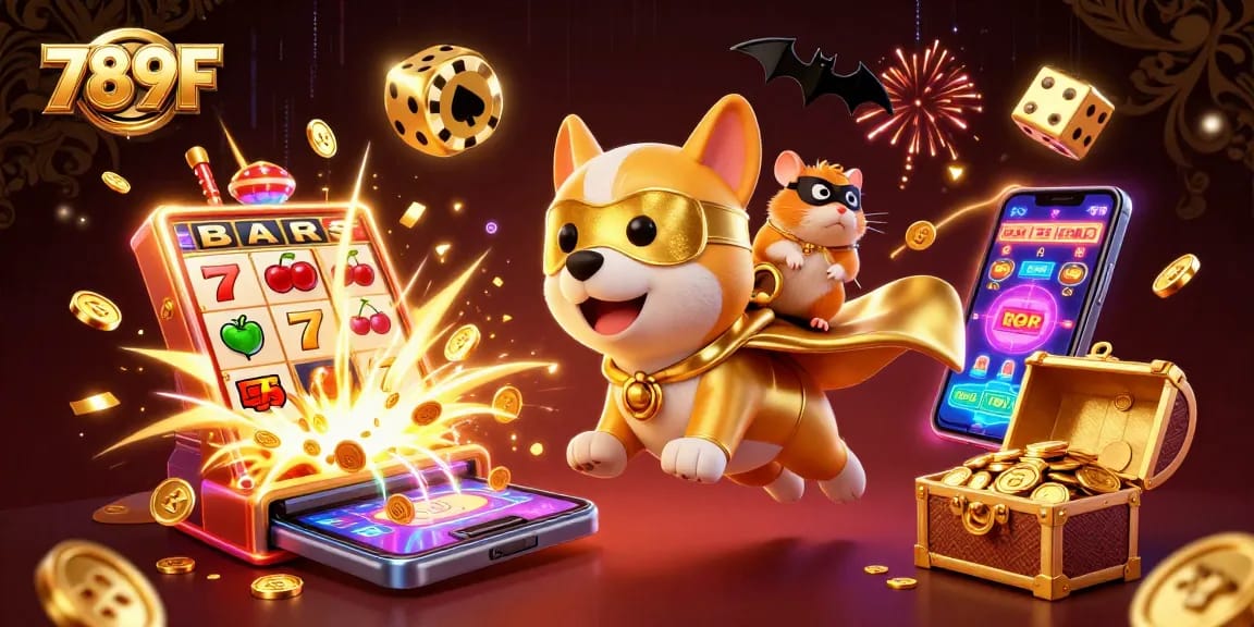 Join the adventure with 789F's superhero dog and hamster amidst a thrilling casino scene filled with gold coins and games.