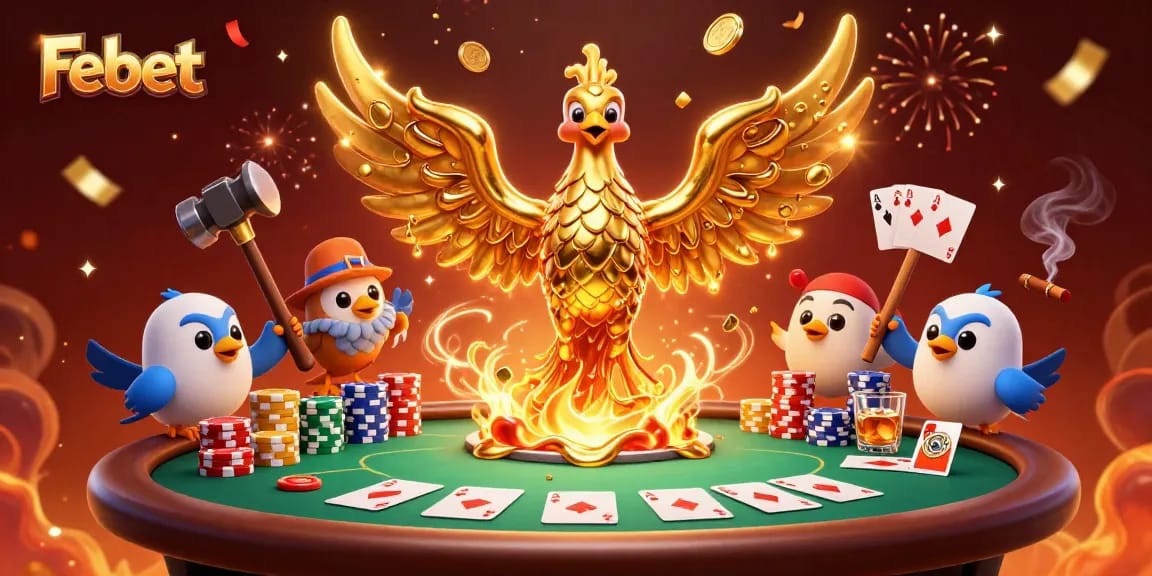 Experience thrilling gameplay with Febet’s golden phoenix illustration amidst poker excitement and action.