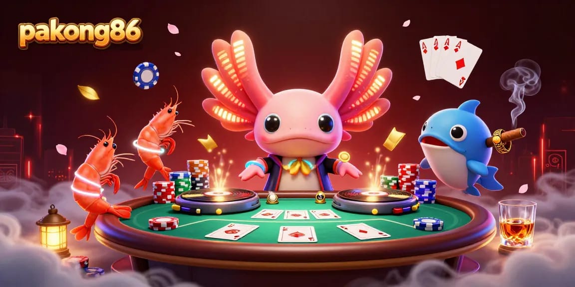 pakong86 showcases a thrilling poker scene with vibrant axolotl DJ, shrimp dancers, vibrant chips, and glowing elements.