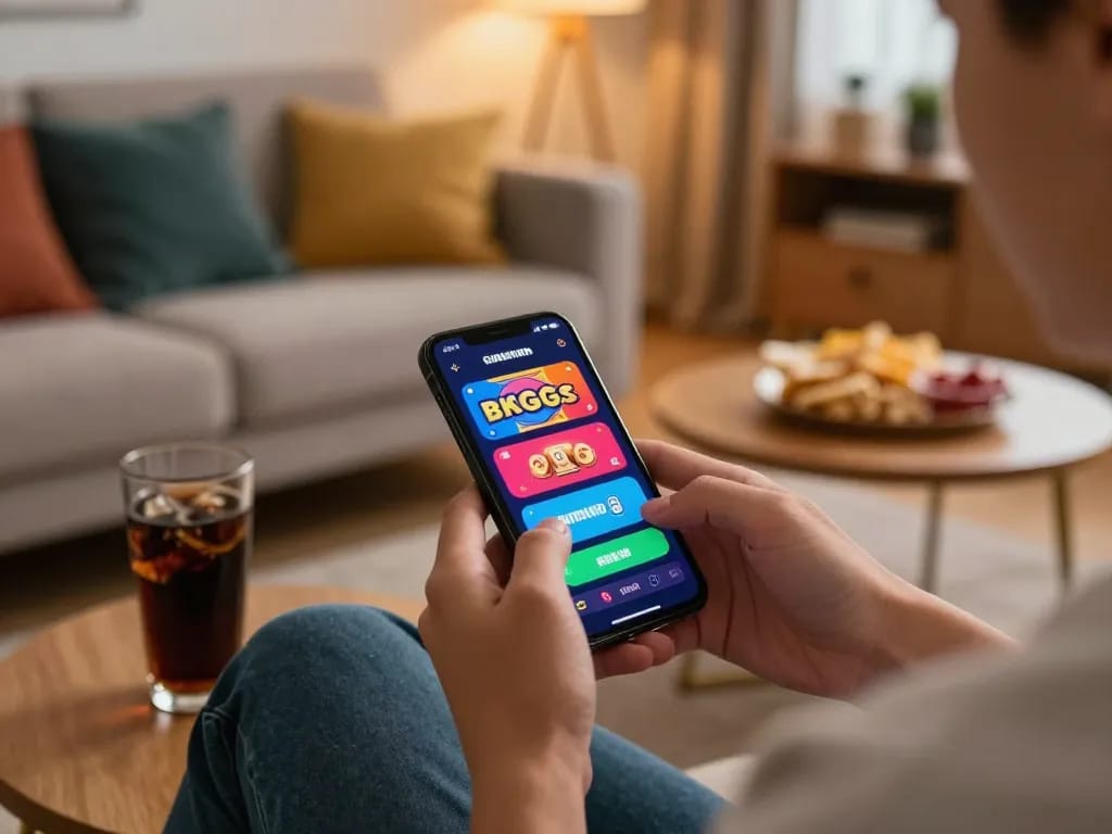Engaging moment of playing mobile casino games on jun88 pizza app in a cozy living room
