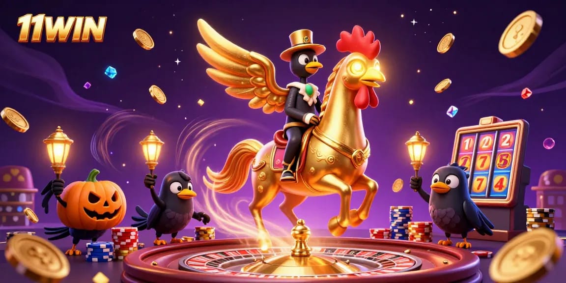 Experience thrilling action at 11WIN with a golden rooster and vibrant casino elements.