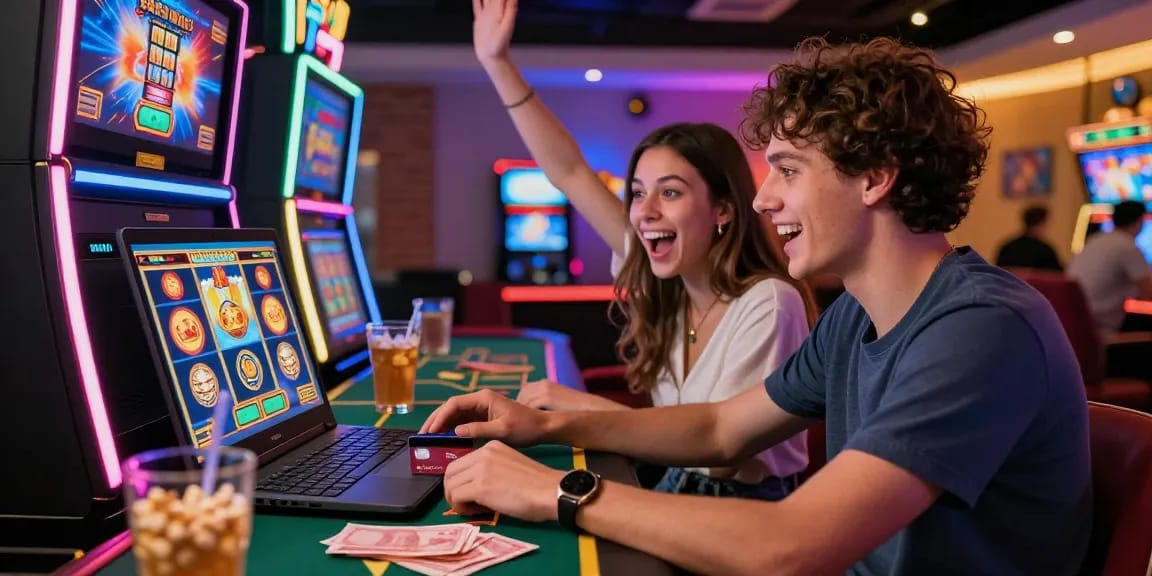 Exciting scene at credit card casinos at https://thebls.org.uk with players enjoying games and deposits.