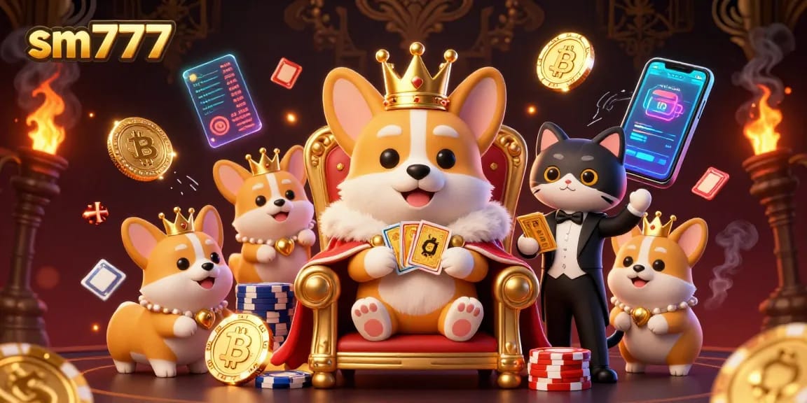 Engage with the thrilling online gaming experience of sm777 featuring royal corgis, vibrant game elements, and rich casino atmosphere.