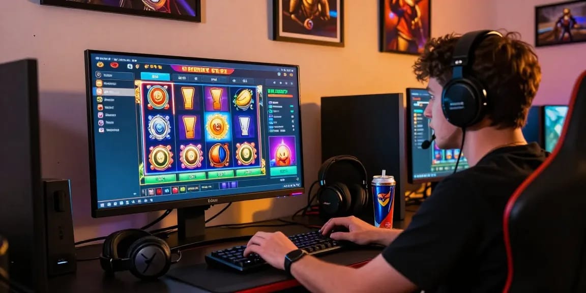 Excited player exploring bonus buy slots UK in vibrant online gaming setup with colorful graphics and immersive accessories.