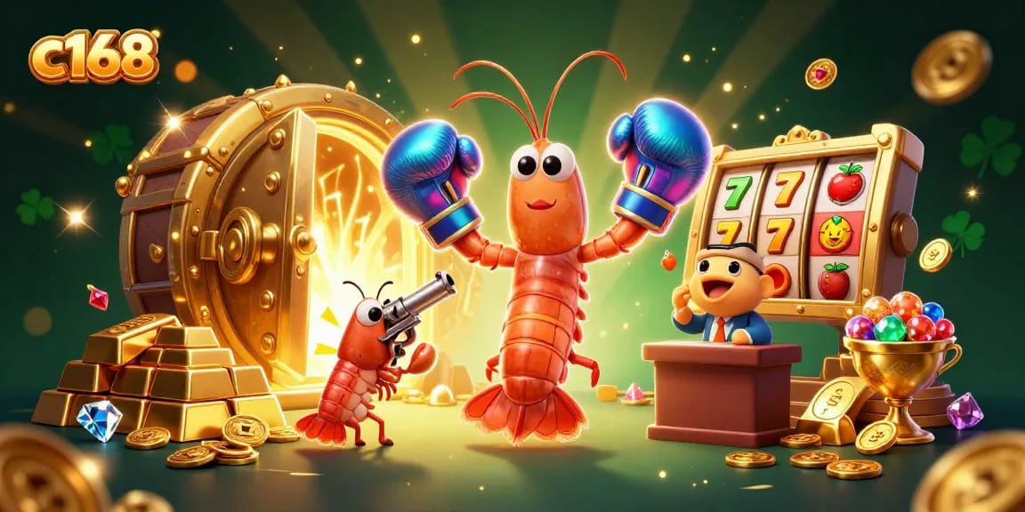 c168 showcases vibrant cartoon characters in a dynamic casino scene filled with gems and treasures