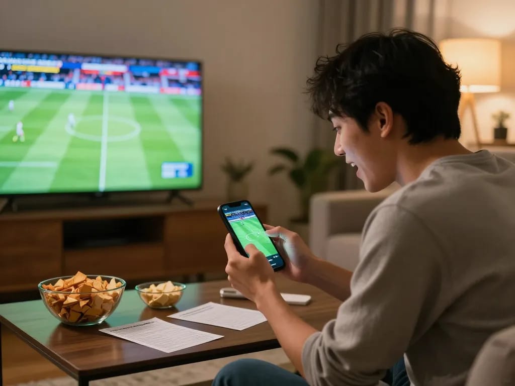 Engaged bettor using แทงบอล app on smartphone while watching sports from home.