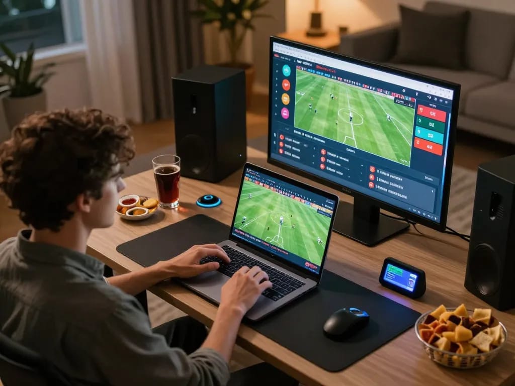Socolive user engaged in online sports betting with vibrant atmosphere, screens displaying live football matches.