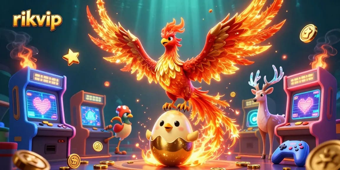 Experience thrilling victories at RIKVIP with vibrant 3D gaming elements and a captivating phoenix.