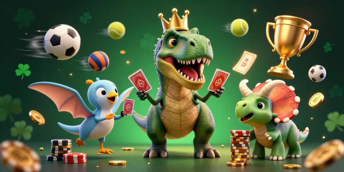 LLwin showcases a T-Rex and friends shuffling cards while winning chips in a dynamic casino scene.