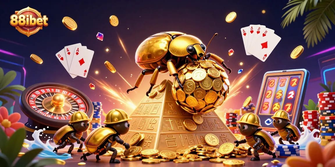 Experience the thrill of 88ibet with vibrant casino action featuring a golden beetle rolling coin balls.