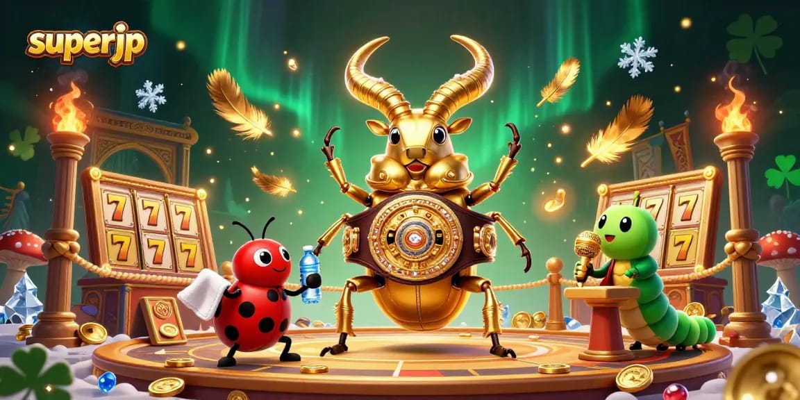 Experience superjp excitement with golden stag beetle in a vibrant casino showdown