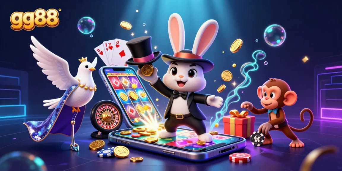 Experience the thrill of gg88 with a magical scene featuring a rabbit, dove, and monkey surrounded by spinning slot games and coins.