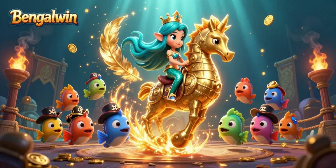 Bengalwin offers a thrilling online gaming experience with rich graphic elements of mermaid and seahorse surrounded by vibrant underwater scenery.