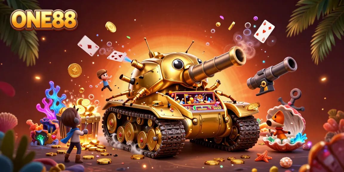 Experience the excitement of ONE88 with a vibrant 3D casino scene full of action and treasures.