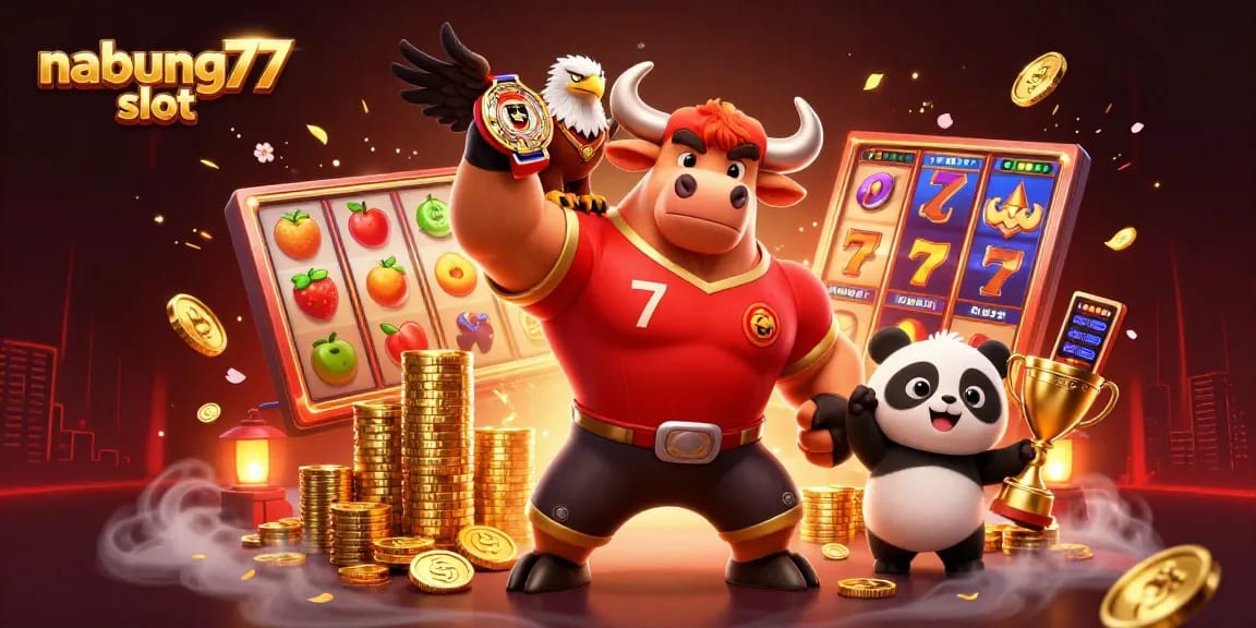 Celebrate big wins at nabung77 slot with a colorful 3D illustration featuring engaging gaming elements