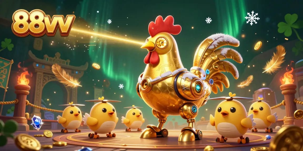 Engage with thrilling 88vv casino action featuring futuristic golden rooster robot and baby chick drones.